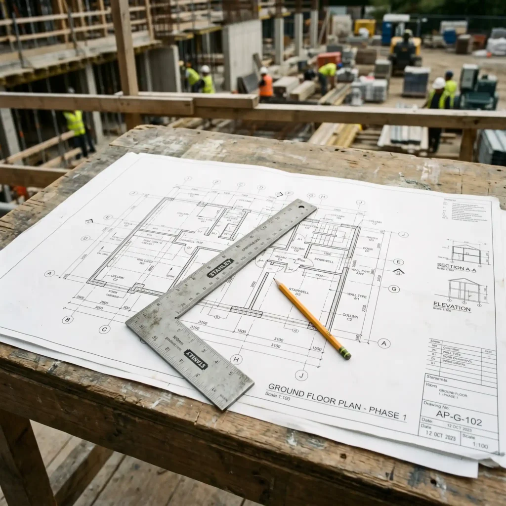 Architectural drawings reviewed on site by JNR Construction's project management team.