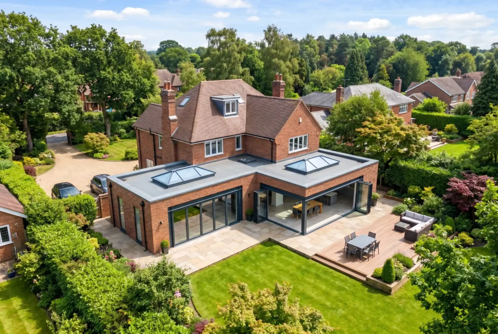 Completed wraparound extension on a Cheshire property, structural steelwork and bi-fold glazing by JNR Construction.