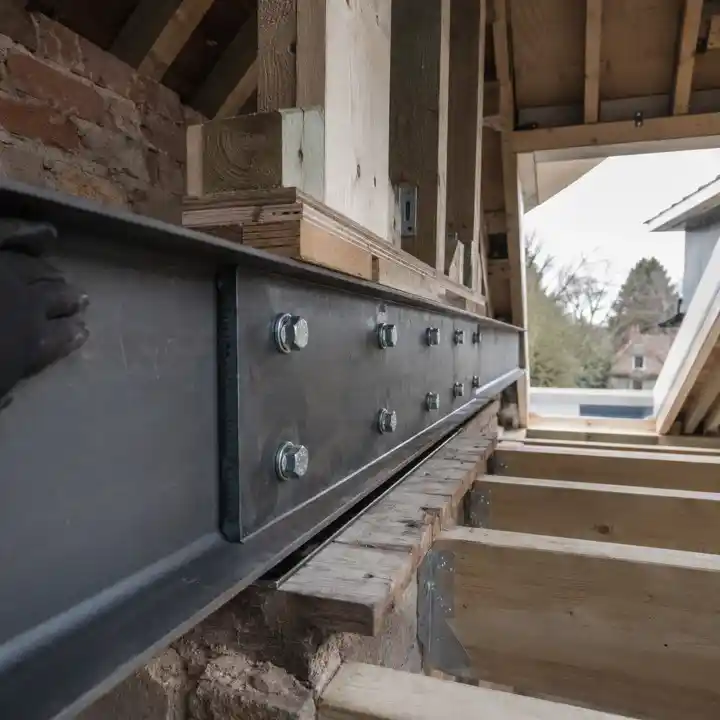 Structural steel flitch beam installation during a loft conversion in Cheshire by JNR Construction.