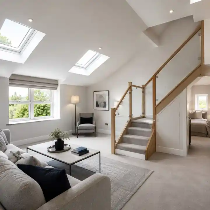 Completed loft conversion interior in Cheshire, showing bespoke staircase and vaulted ceiling by JNR Construction.
