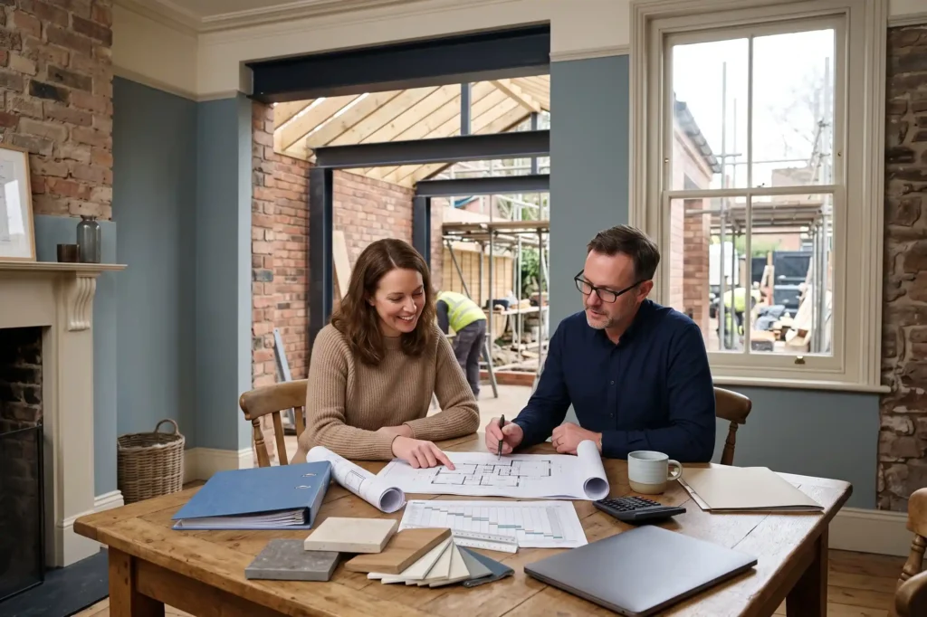 Homeowner and architect reviewing a JCT contract document at a table, JCT contracts for homeowners, JCT Minor Works contract, JCT Intermediate Contract