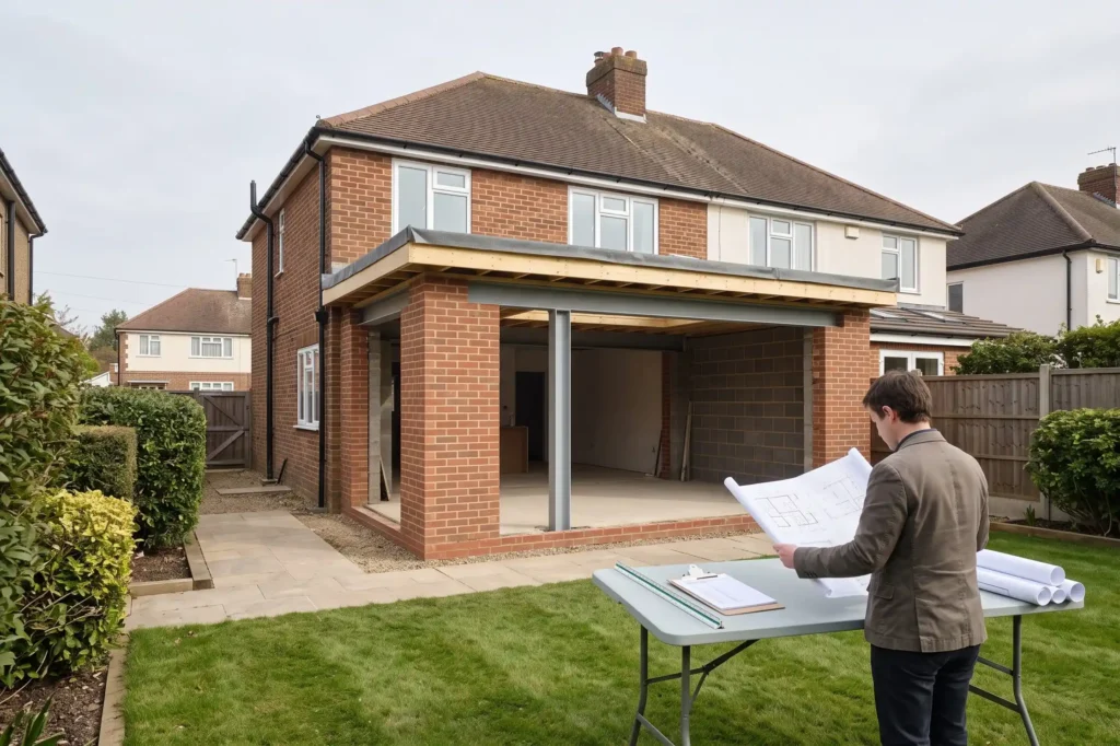 Single storey rear house extension under construction on a semi detached home, permitted development rights, GPDO 2015 Class A limits, rear extension PD limits