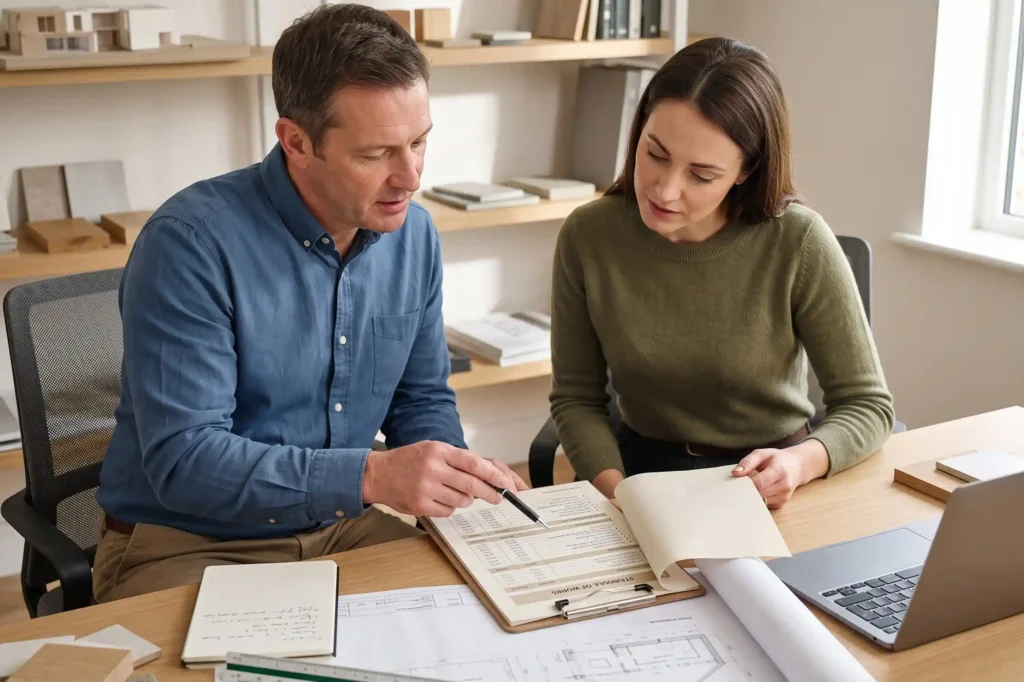 Homeowner examining itemised schedule of works with building contractor in office, builder quote vs estimate, fixed price builder quote, builder estimate accuracy