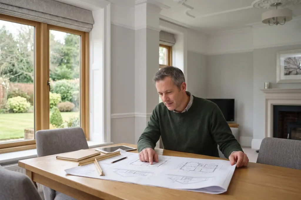 Cheshire homeowner inspecting architectural building plans at a dining table, choosing a builder in Cheshire, builder due diligence checklist, vetting a residential contractor