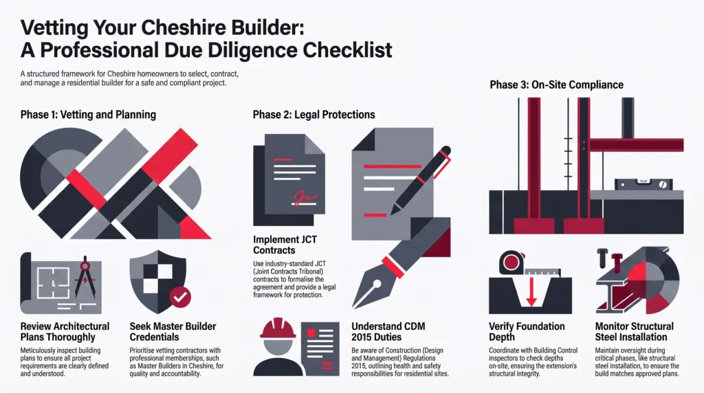 choosing a builder in Cheshire, builder due diligence checklist, vetting a residential contractor, Master Builder Cheshire, JCT contracts, Building Control Cheshire, CDM 2015 domestic client