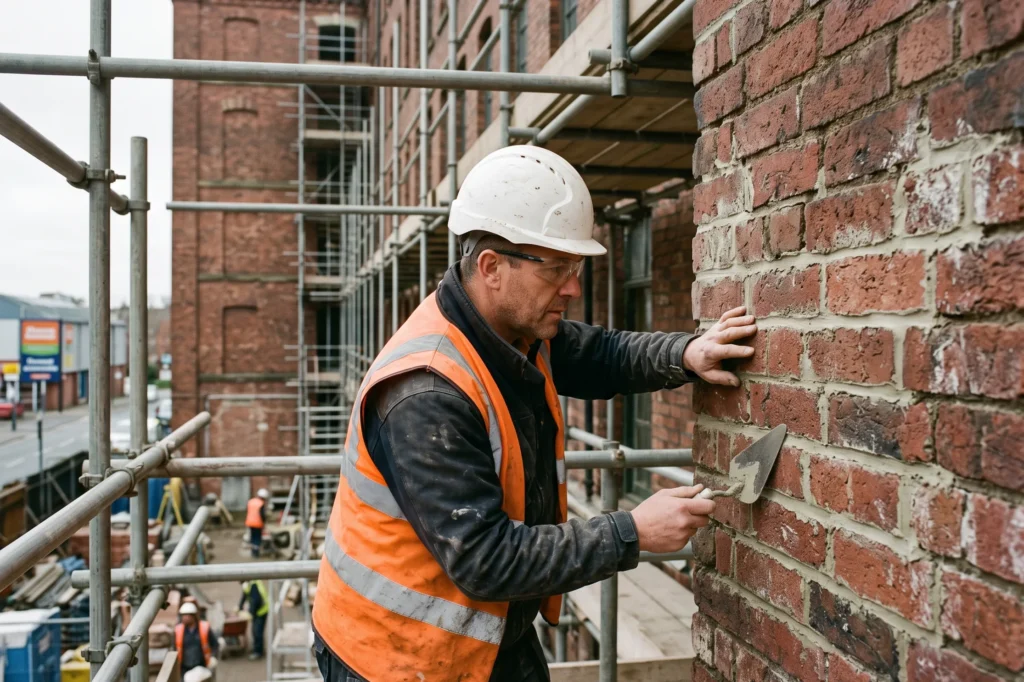 Contractor inspecting historic brickwork on a commercial restoration site, commercial building restoration, heritage restoration, adaptive reuse