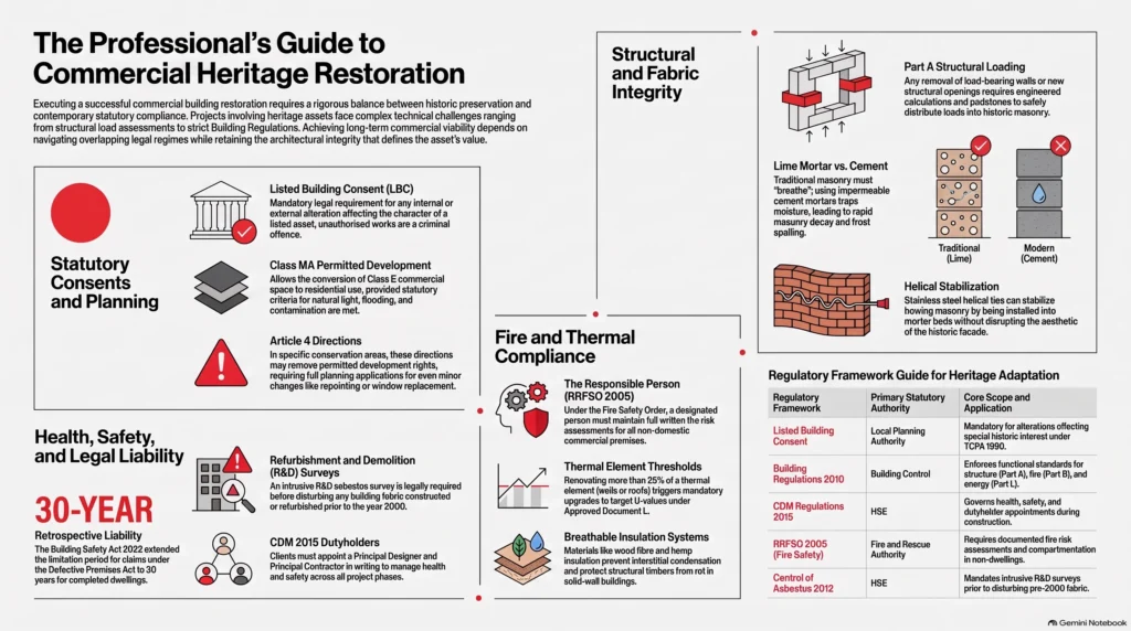 commercial building restoration, heritage restoration, adaptive reuse, listed building consent, commercial refurbishment, building regulations, CDM 2015, JCT contracts