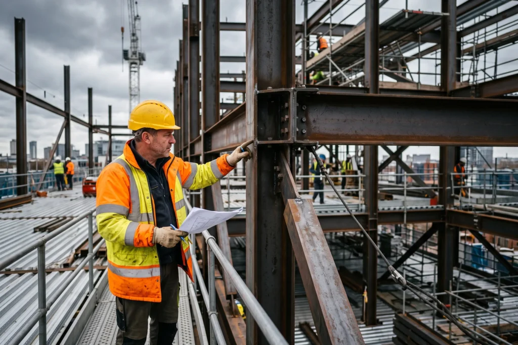 Site manager inspecting structural steel frame installation on a commercial site, commercial construction, commercial building construction projects, constructing commercial buildings