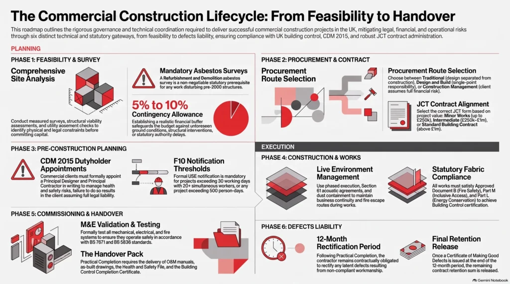 commercial construction, commercial building construction projects, constructing commercial buildings, JCT contracts, CDM 2015, building regulations, project handover, defects liability