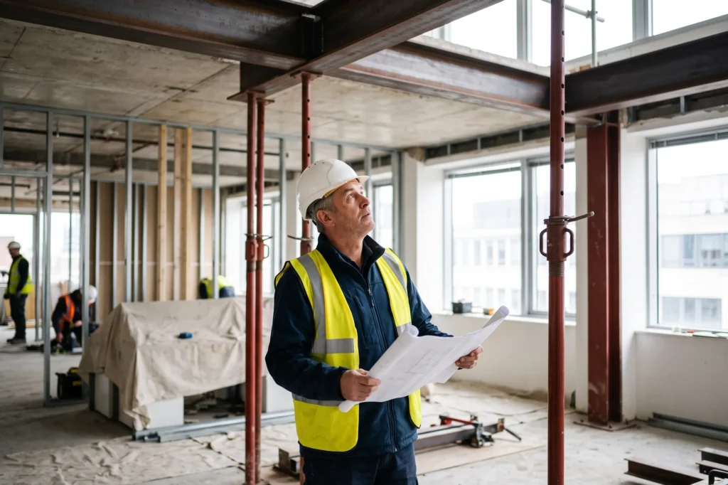 Commercial site manager reviewing structural steel beam installation during an office refurbishment, FMB approved commercial builders, structural refurbishment, master builder