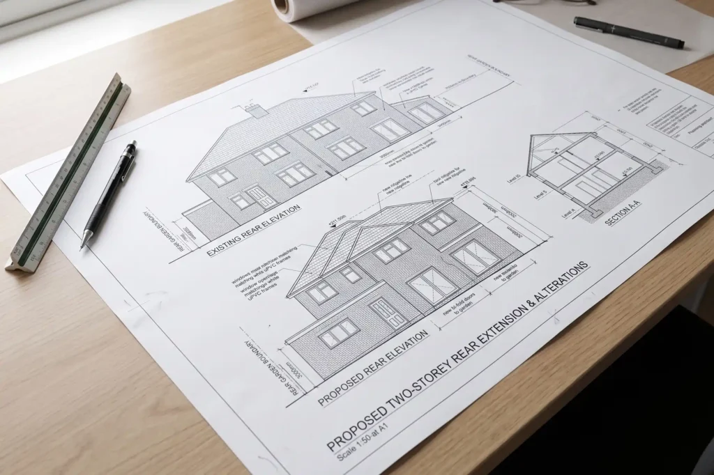 Architectural elevation drawing showing two storey extension planning permission limits, house extension planning permission, planning an extension, extension planning rules