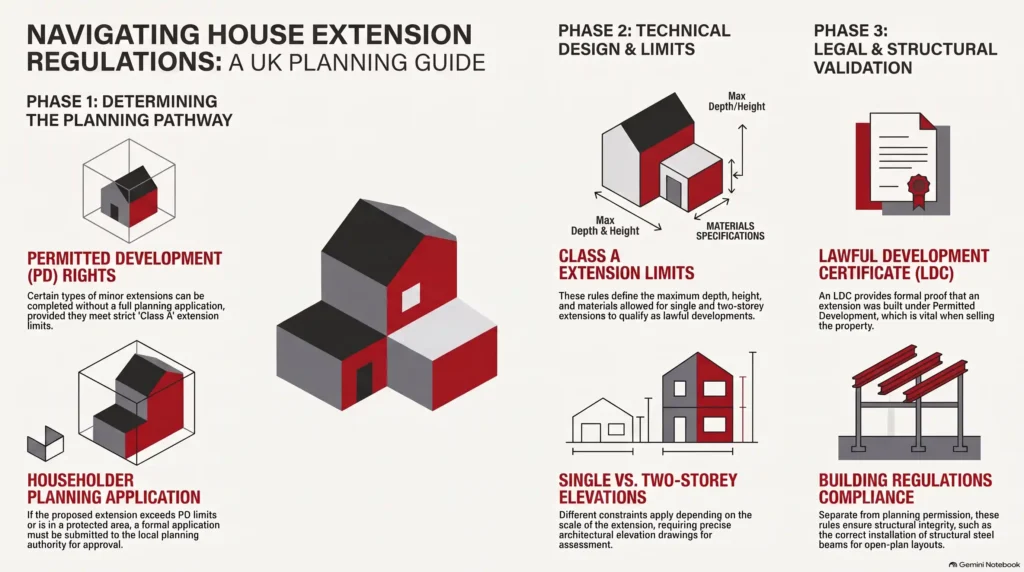 house extension planning permission, planning an extension, extension planning rules, permitted development rights, class A extension limits, lawful development certificate, householder planning application, building regulations extensions
