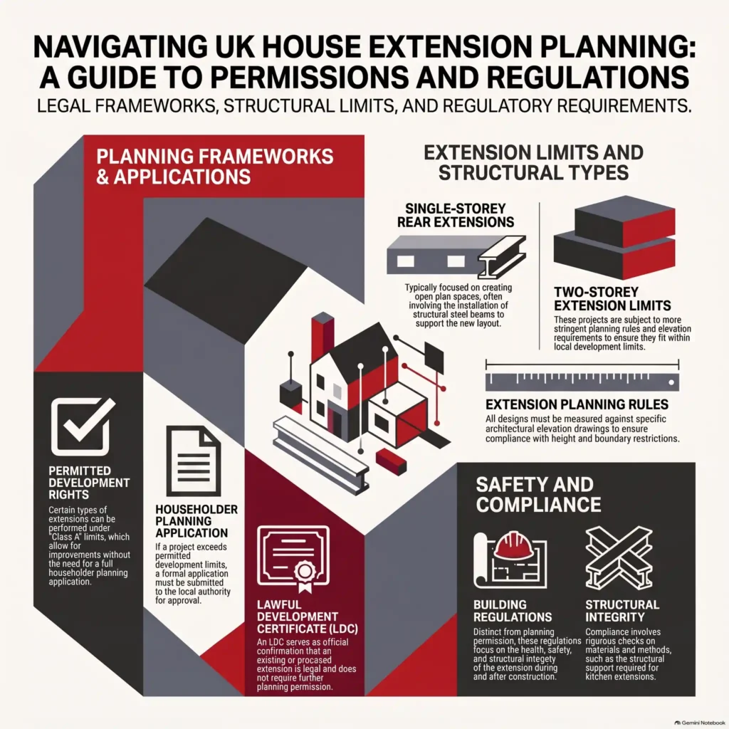 house extension planning permission, planning an extension, extension planning rules, permitted development rights, class A extension limits, lawful development certificate, householder planning application, building regulations extensions