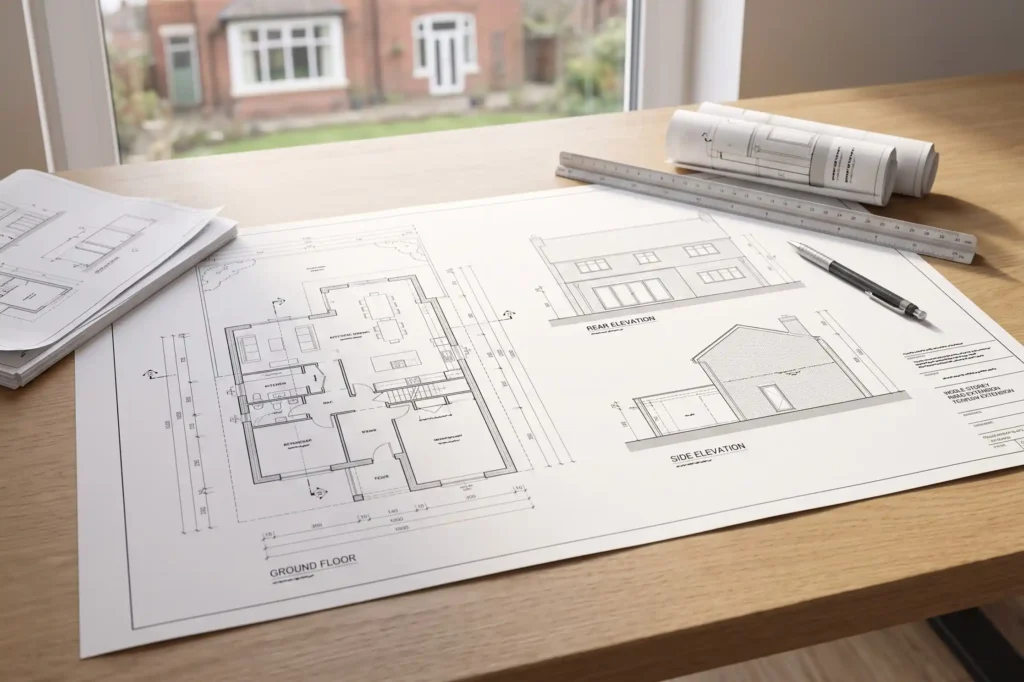 Architectural drawings for a single storey rear extension on a Macclesfield property, house extensions in Macclesfield, Macclesfield planning permission