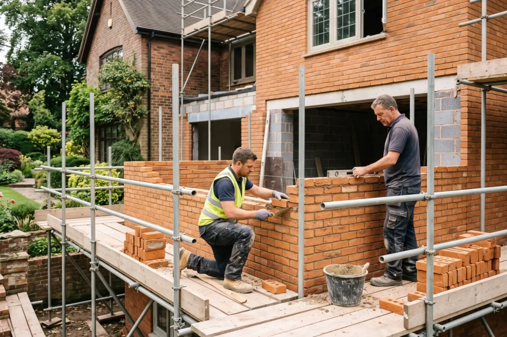 Masons carefully laying traditional Cheshire orange brickwork for a two-storey residential extension, luxury house extensions in Cheshire, design and build, FMB builders