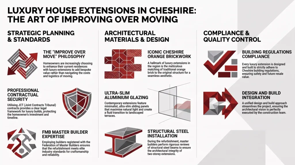 luxury house extensions in Cheshire, design and build, FMB builders, Cheshire house extensions, architectural extensions Cheshire, JCT contracts, building regulations Cheshire, home improvement Cheshire