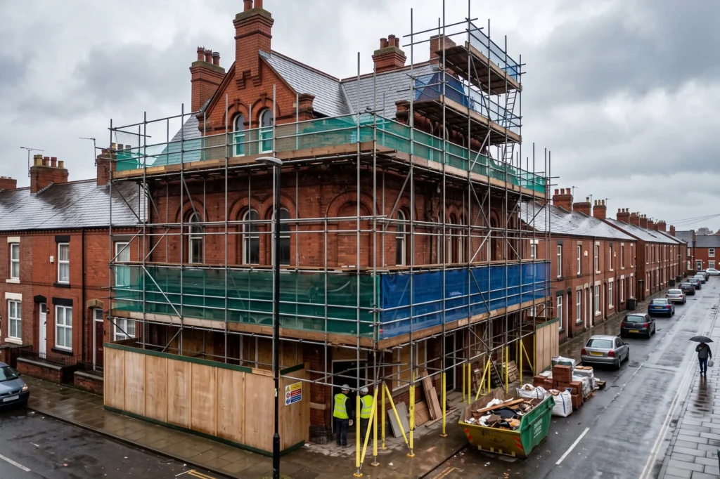 Historic public house undergoing residential conversion with scaffolding in place, pub conversions, pub to residential conversion, commercial to residential conversion