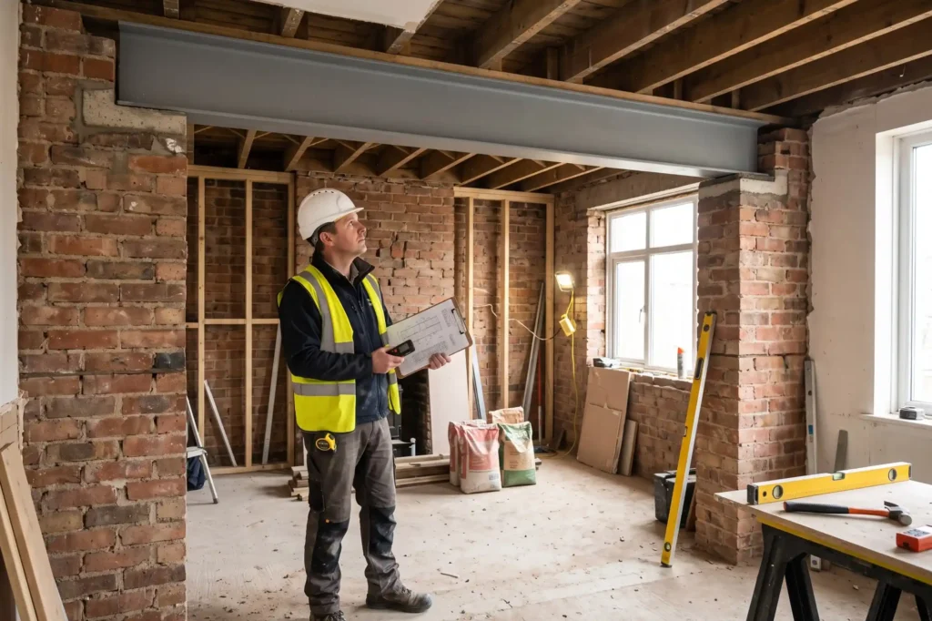Chartered structural engineer reviewing steel beam load calculations on a construction site, structural refurbishment, master builder service