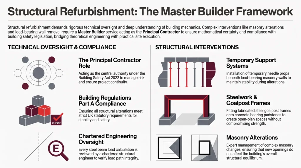 structural refurbishment, master builder service, steelwork expertise, structural engineering, load bearing wall removal, building regulations part a, principal contractor, building safety act 2022