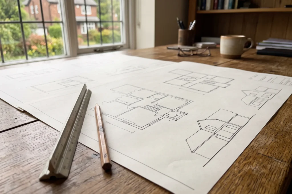 Architectural drawings for a two storey rear extension laid out on a wooden desk, Wilmslow builders, house extensions, bespoke new builds