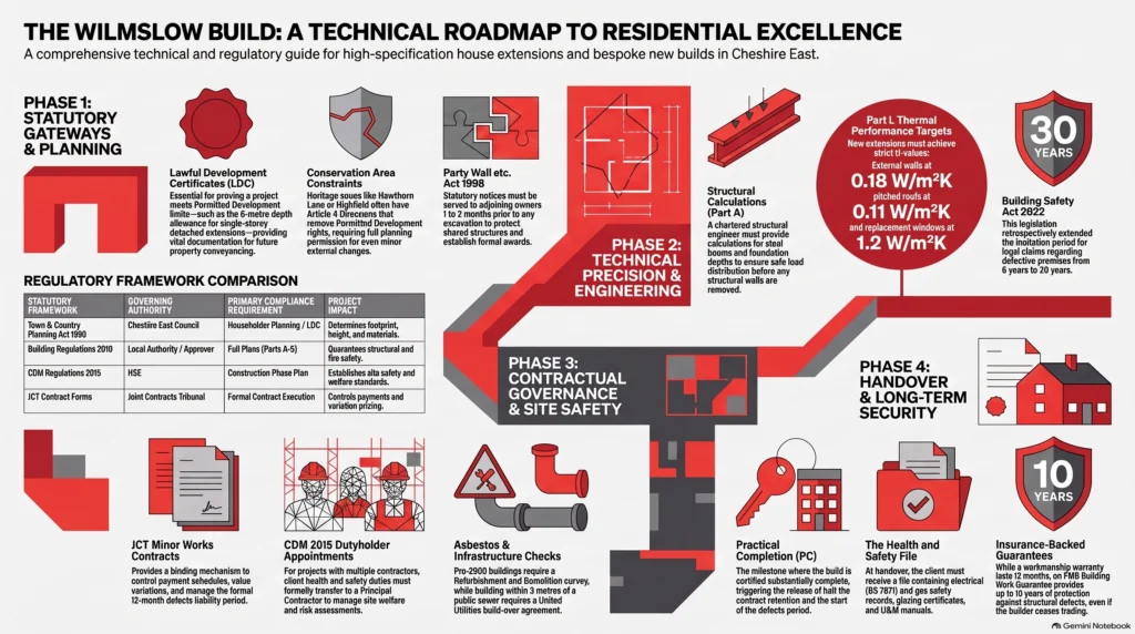 Wilmslow builders, house extensions, bespoke new builds, Cheshire East planning, Building Regulations, JCT contracts, CDM 2015, Federation of Master Builders