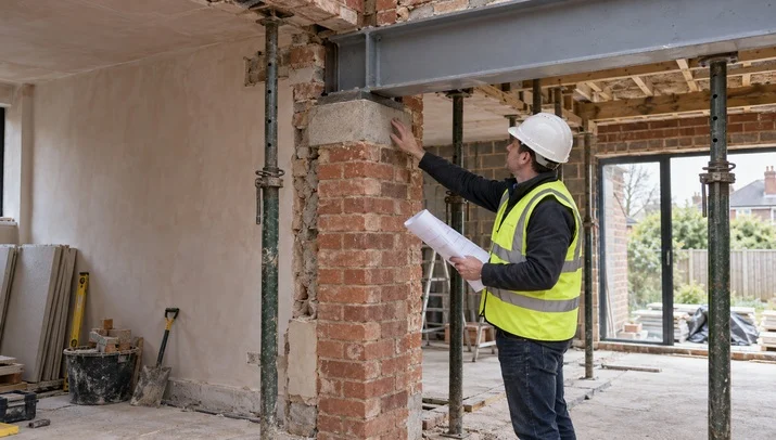 Structural steel beam installation on padstones in residential extension, Building Regulations Part A, structural calculations, steel beam design