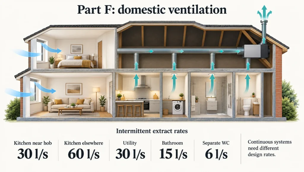 Building Regulations Part F, Part F ventilation rates, MVHR continuous extract, Approved Document F, domestic extract rates, trickle vent regulations, mechanical ventilation, Building Control commissioning
