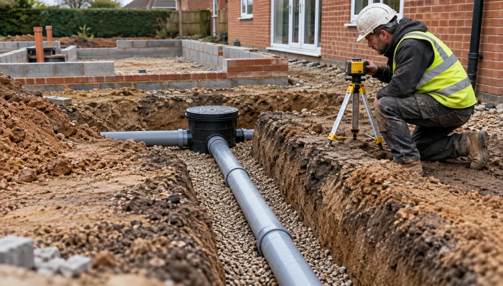 Inspection chamber showing foul and surface water drainage pipework, Building Regulations Part H, build-over agreement, surface water drainage