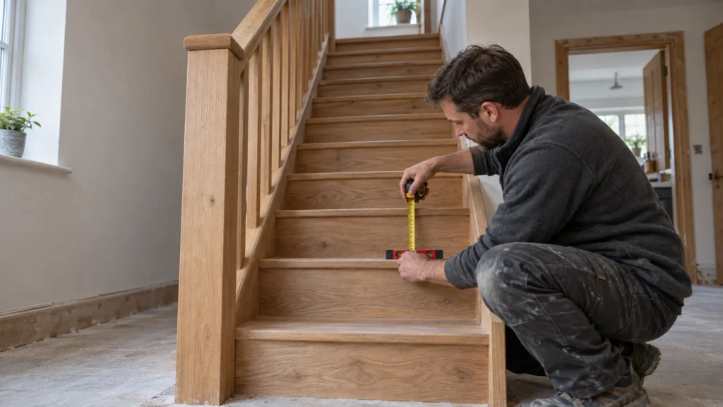 Timber domestic staircase with rise and going dimensions marked on the flight, Building Regulations Part K, Part K staircase rules, loft conversion headroom