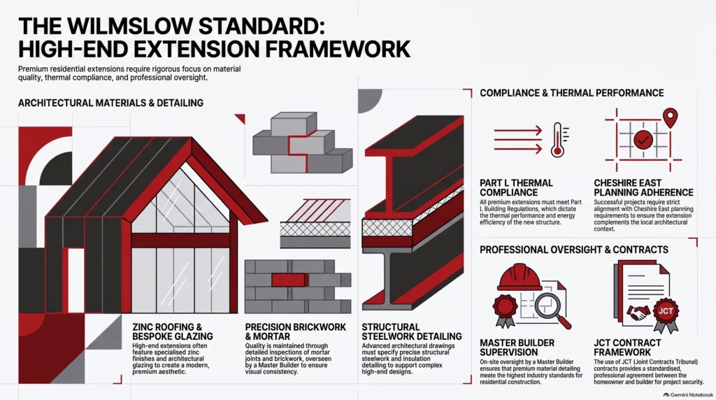 high-end extensions Wilmslow, premium materials detailing, Part L thermal performance, Cheshire East planning, Wilmslow conservation areas, Wilmslow house extensions, Master Builder Cheshire, JCT contracts