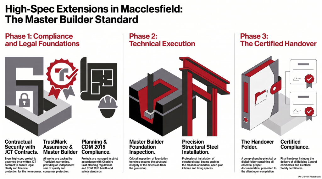 high-spec extensions Macclesfield, master builder quality, house extensions Macclesfield, Cheshire East planning, JCT contracts, CDM 2015, build-over agreement, TrustMark registration