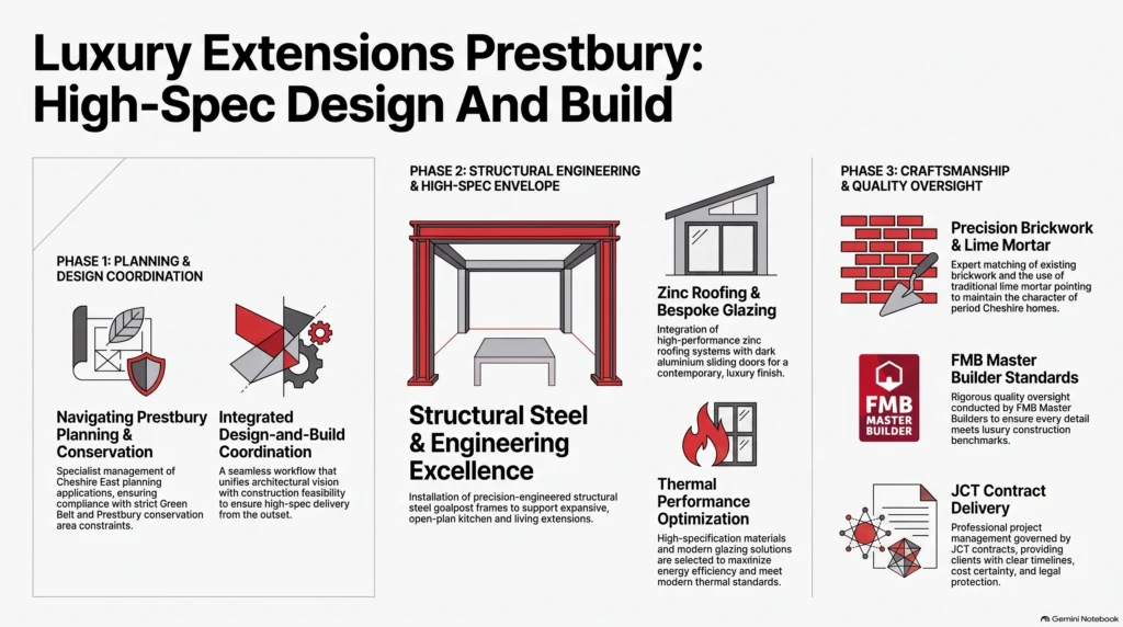 luxury extensions Prestbury, high-spec design build, FMB Master Builder, Cheshire East planning, structural steelwork, Prestbury conservation area, Green Belt extensions, JCT building contracts