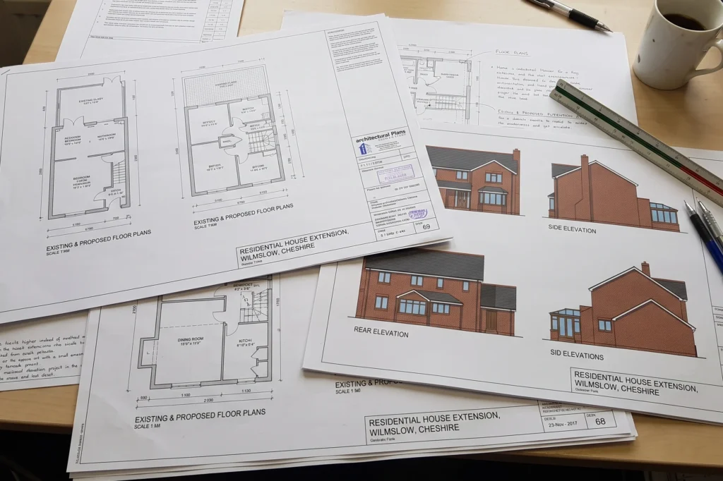 Architectural technical drawings for a residential house extension in Wilmslow Cheshire, Wilmslow extension design and build, Wilmslow builders, house extension Wilmslow design build brief survey structural delivery