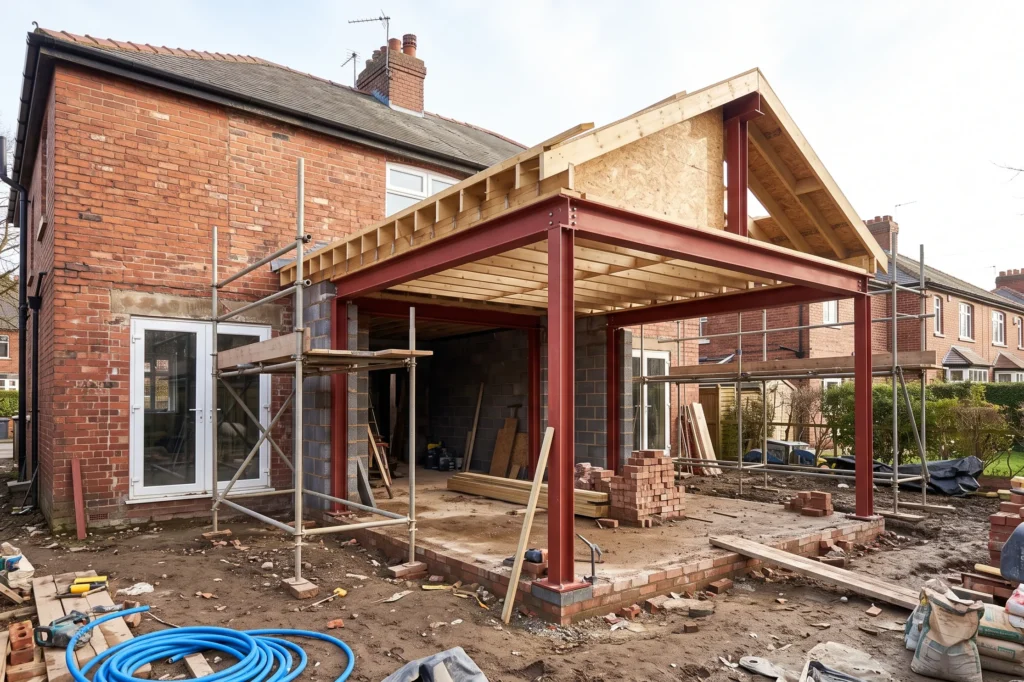 Single storey rear extension under construction in Altrincham with structural steel frame, extension cost factors Altrincham, spec structure planning, house extension Altrincham cost factors structure specification planning route