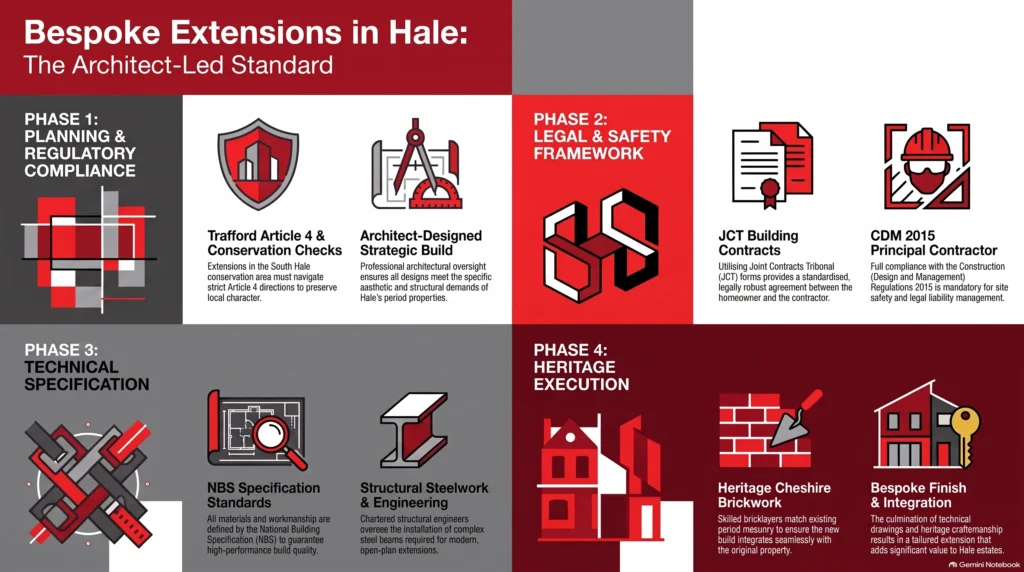 bespoke extensions Hale, architect designed build, Trafford planning permission, JCT building contract, CDM 2015 Principal Contractor, NBS specification, South Hale conservation area, structural steelwork Cheshire