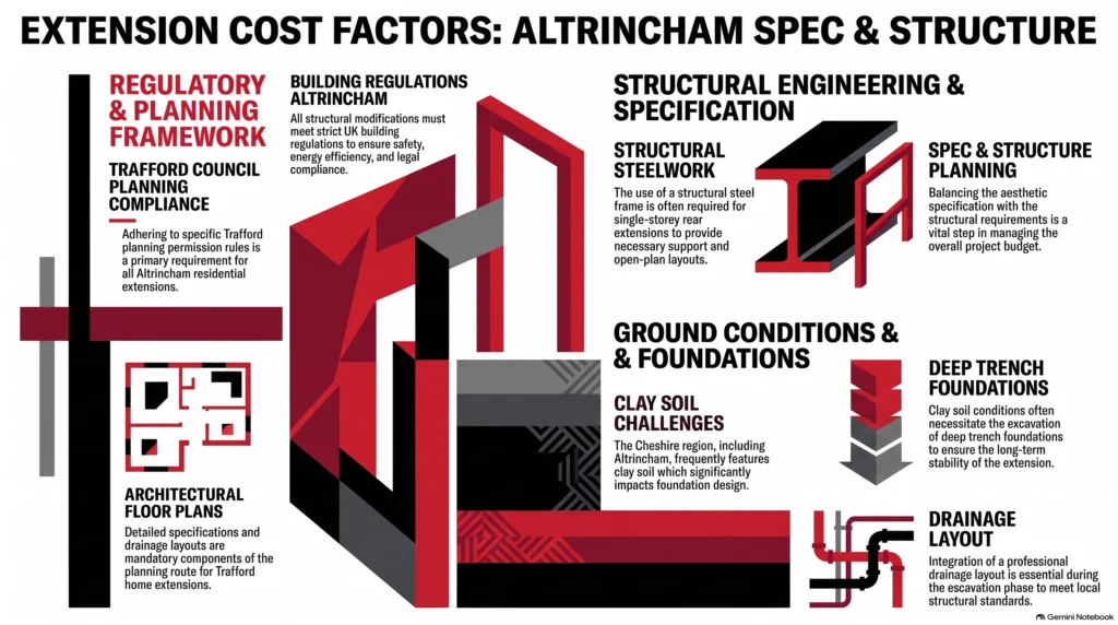 extension cost factors Altrincham, spec structure planning, Altrincham house extensions, Trafford planning permission, structural steelwork Cheshire, building regulations Altrincham, home extension budget UK