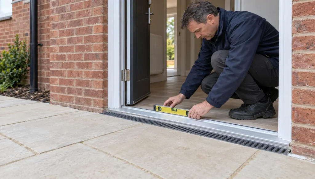 Step-free entrance threshold with a recessed drainage channel on a new build home, Building Regulations Part M, M4(1) M4(2) M4(3), accessible adaptable dwelling