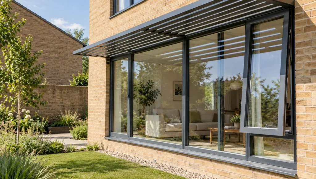 External solar shading louvres fitted to a residential building facade, Building Regulations Part O, overheating new dwellings, solar gain limitation