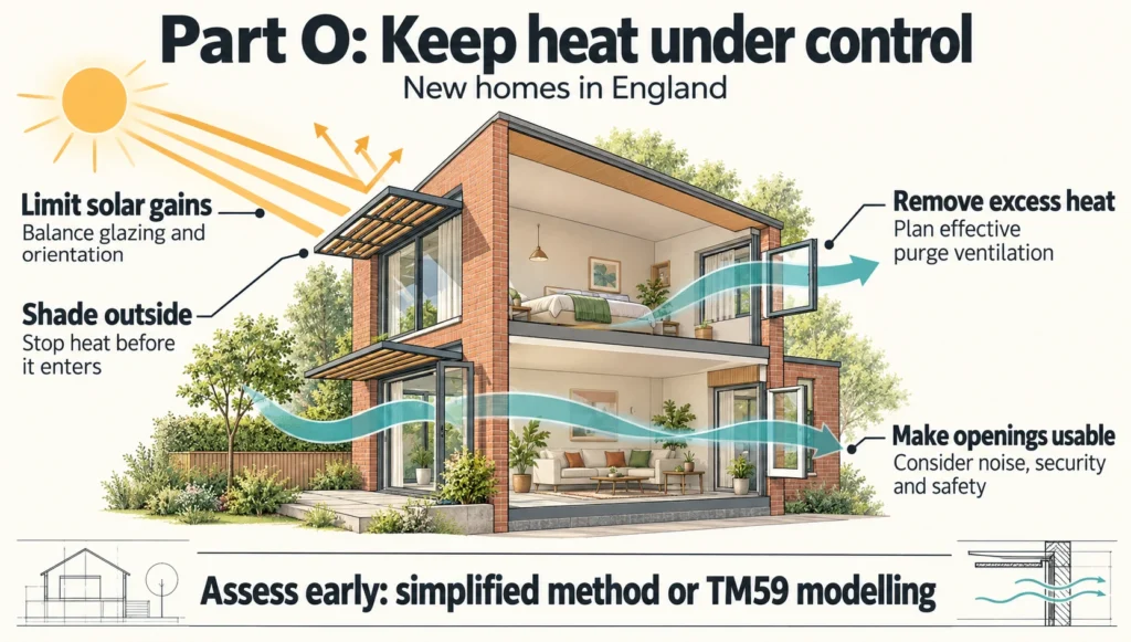 Building Regulations Part O, overheating new dwellings, solar gain limitation, Approved Document O, building control, passive cooling, purge ventilation, residential design
