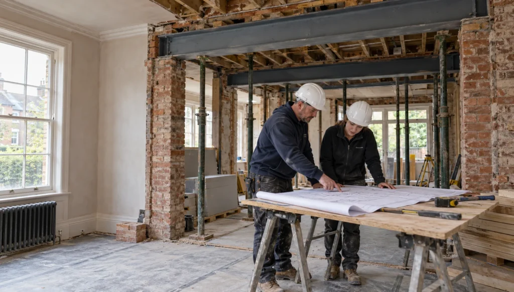 Structural steel beam lifted into position inside a stripped-back terraced house, professional house refurbishment, master builder service, FMB approved