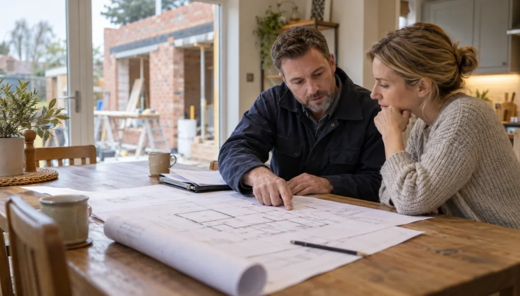 Federation of Master Builders assessor inspecting brickwork on a domestic extension, FMB Code of Conduct, FMB dispute resolution, FMB insurance requirements