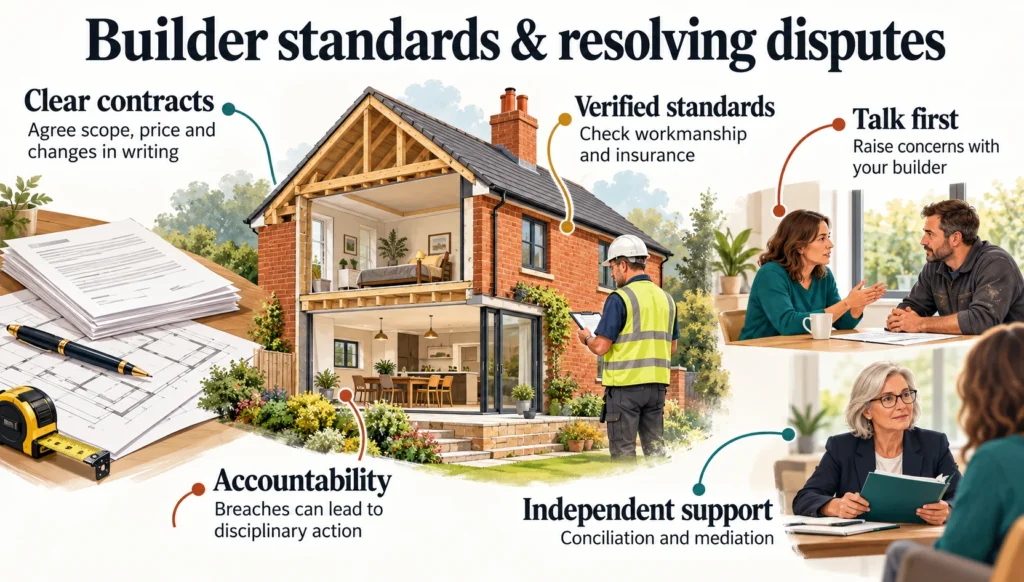 FMB Code of Conduct, FMB dispute resolution, FMB insurance requirements, Master Builder standards, construction contracts, building disputes, consumer protection, JCT contracts
