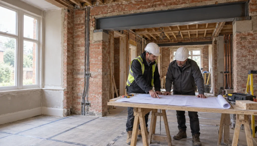 Turnkey refurbishment specialists reviewing structural steel drawings on a residential site, turnkey refurbishment specialists, design and build, project management