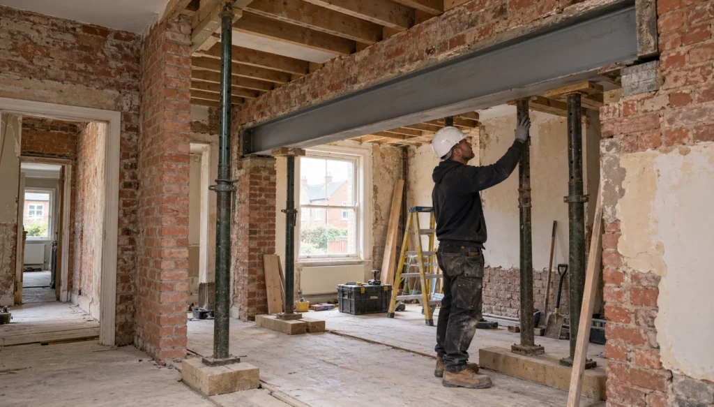 Structural steel beam being installed through a load-bearing wall during a Cheshire house renovation, whole-house renovation in Cheshire, whole home refurbishment sequence, renovation programme planning