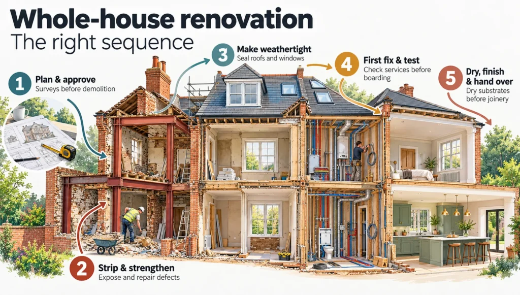 whole-house renovation in Cheshire, whole home refurbishment sequence, renovation programme planning, Cheshire residential building, Building Regulations Full Plans, CDM 2015 principal contractor, structural alterations Cheshire