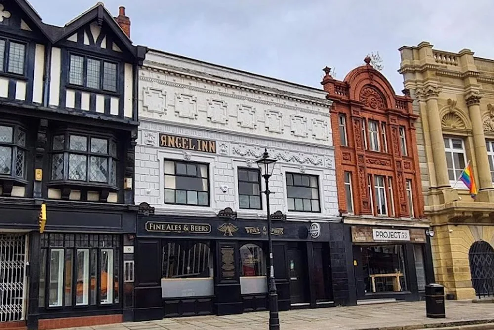 The former Angel Inn, 20-22 Market Place, Stockport, from the street.
